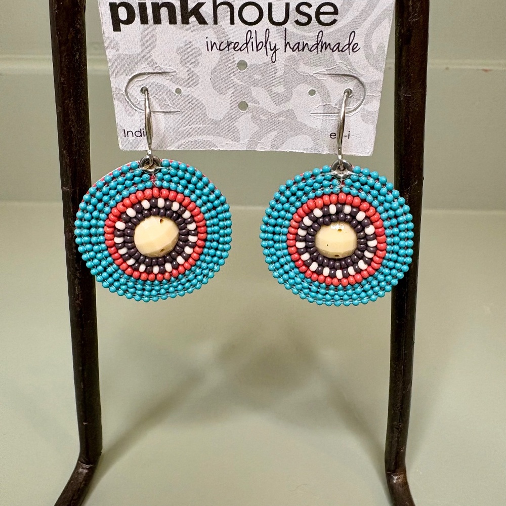 Pink House Incredibly Handmade Beaded Drop Earrings Never Worn Artisan Bohemian‎